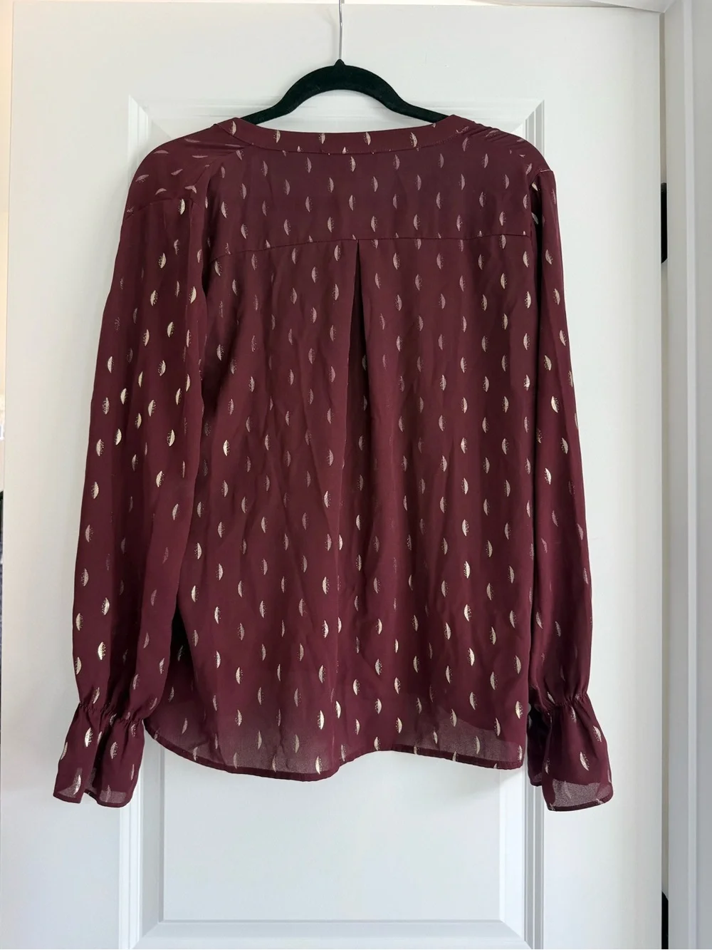 Lulu's Wine Red V-Neck Blouse with Metallic Dot Accents